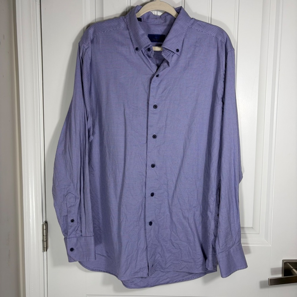 David Donahue Mens Purple Blue Micro Check Cotton Button Down Shirt Large